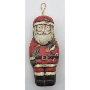 Vintage Santa Claus Candy Tin Ornament Red Multicolor Hanging Metal Decor Xmas